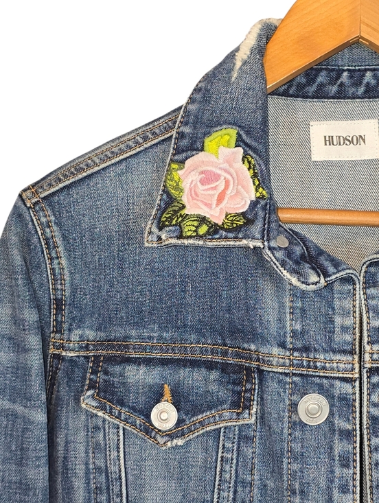 Hudson "The Classic" Distressed Denim Jean Trucker Jacket Rose Embroidery Size M - Picture 2 of 14